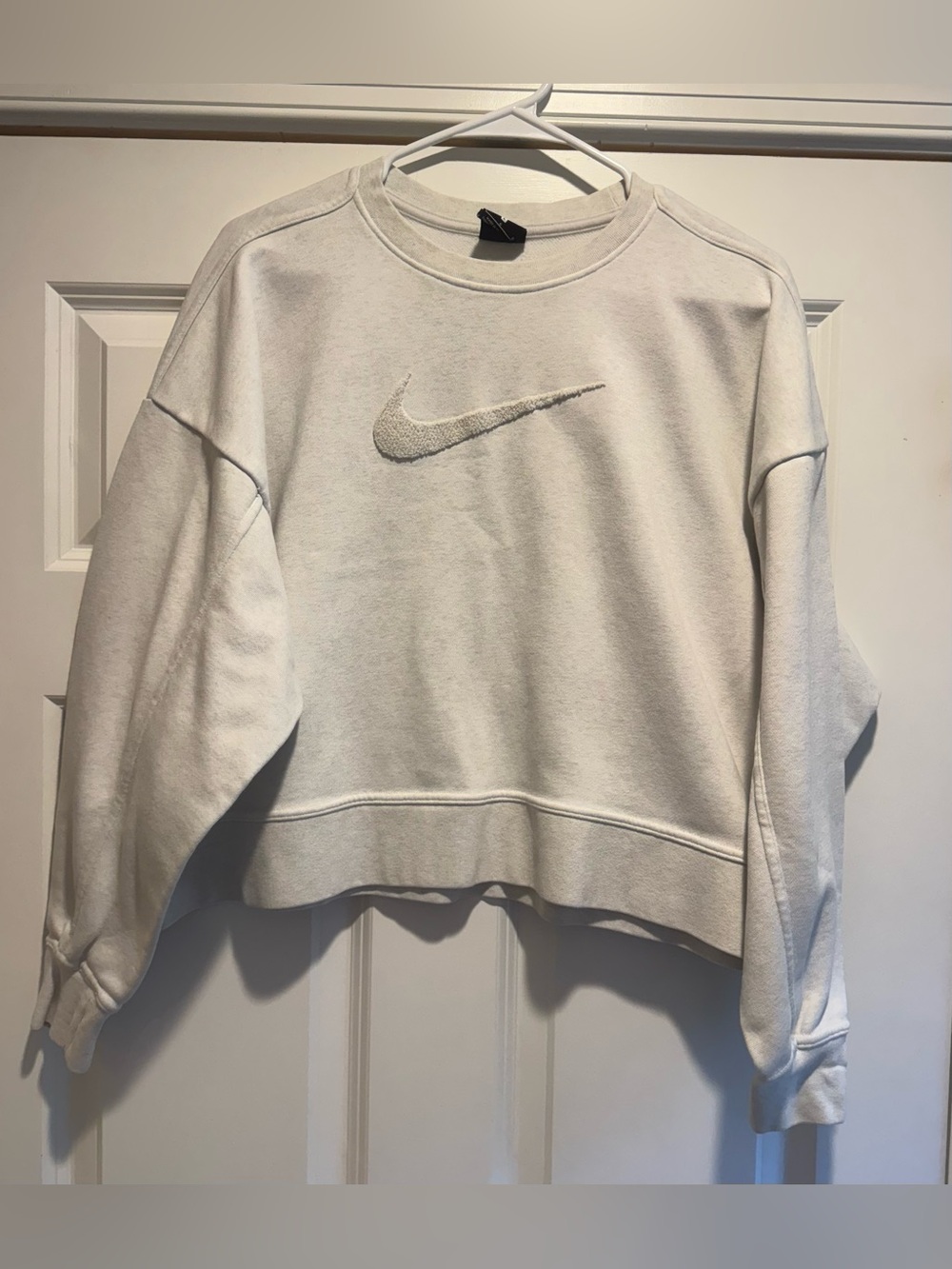 Nike White Cropped Crewneck Sweatshirt with Raised Swoosh